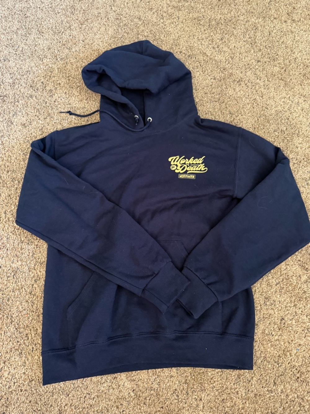 Worked to Death Navy Hoodie with Yellow Logo - Men’s Casual Pullover